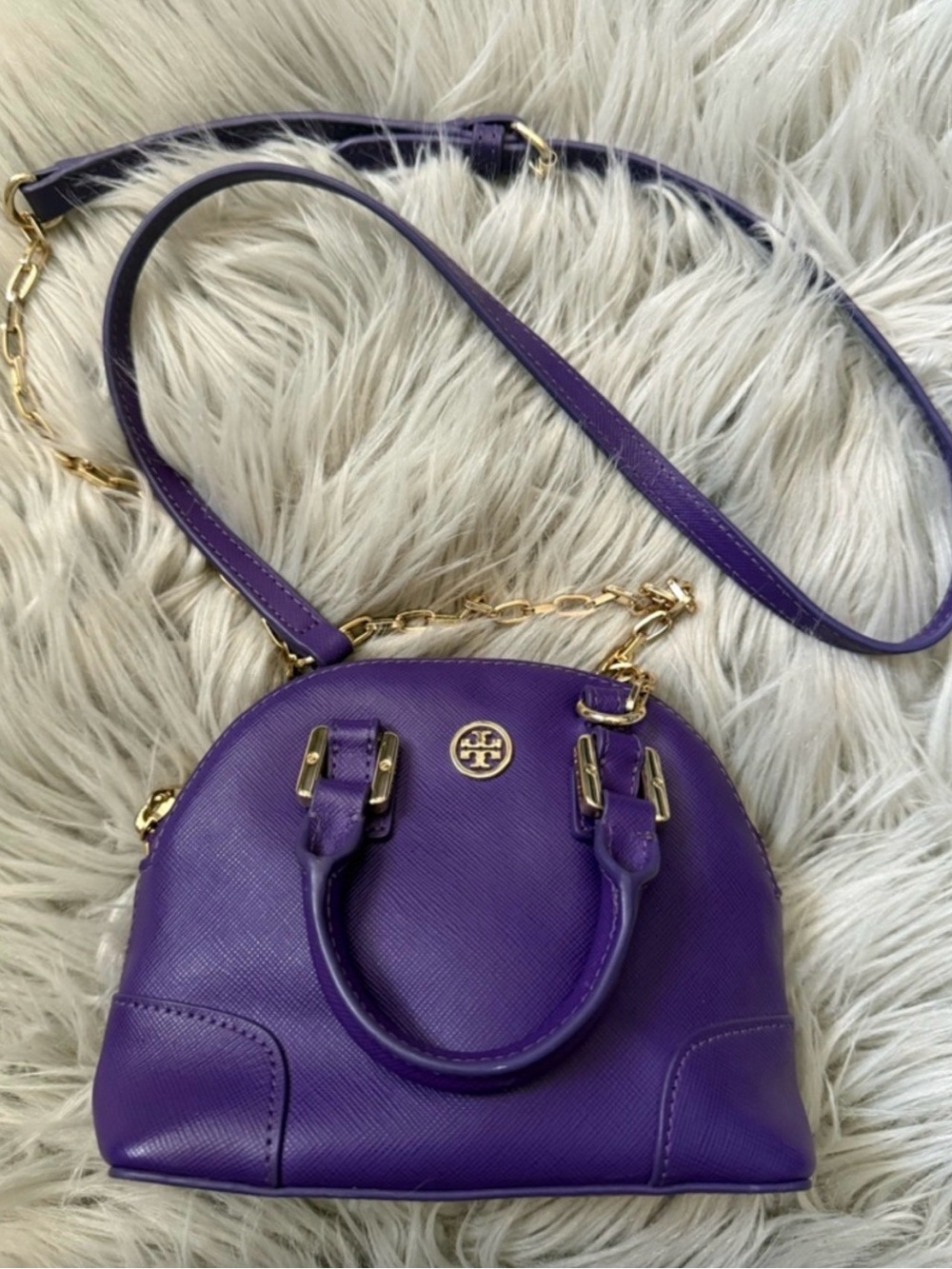 Tory Burch Purple Mini Robinson Dome Satchel Gold toned accents
